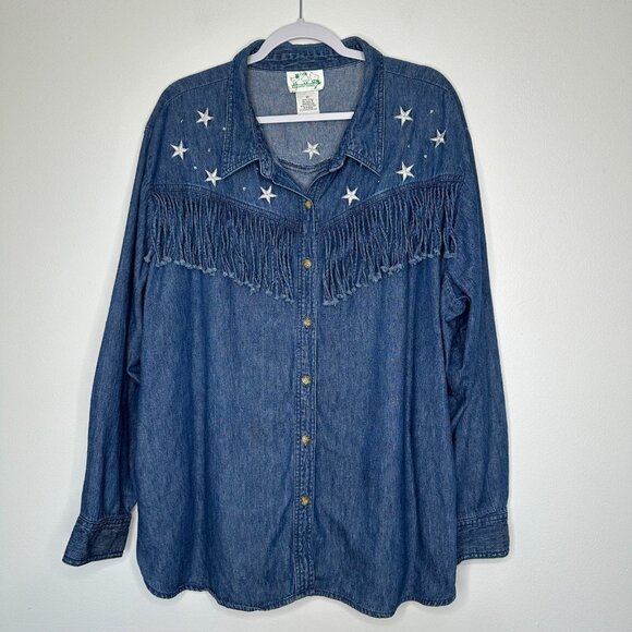Vtg The Quacker Factory Denim Shirt 3X Western Fringe Star Embroidered - Picture 1 of 8